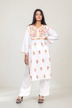 White Cotton Chikankari Kurta with Multicolour Thread Work