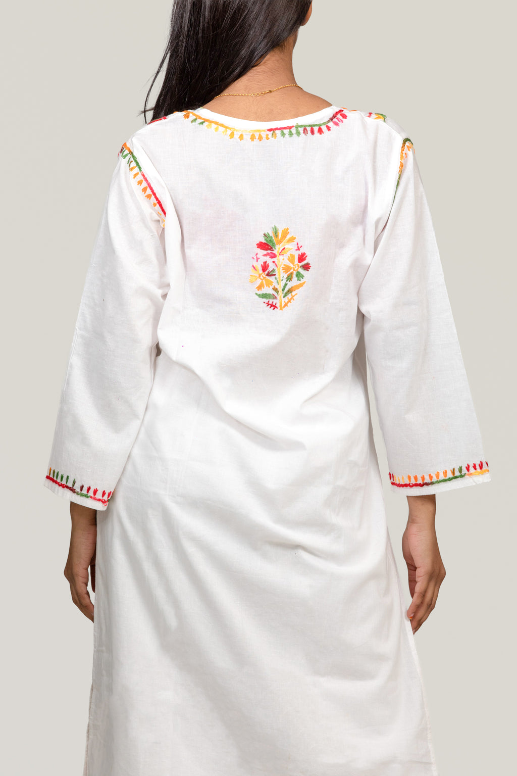 White Cotton Chikankari Kurta with Multicolour Thread Work