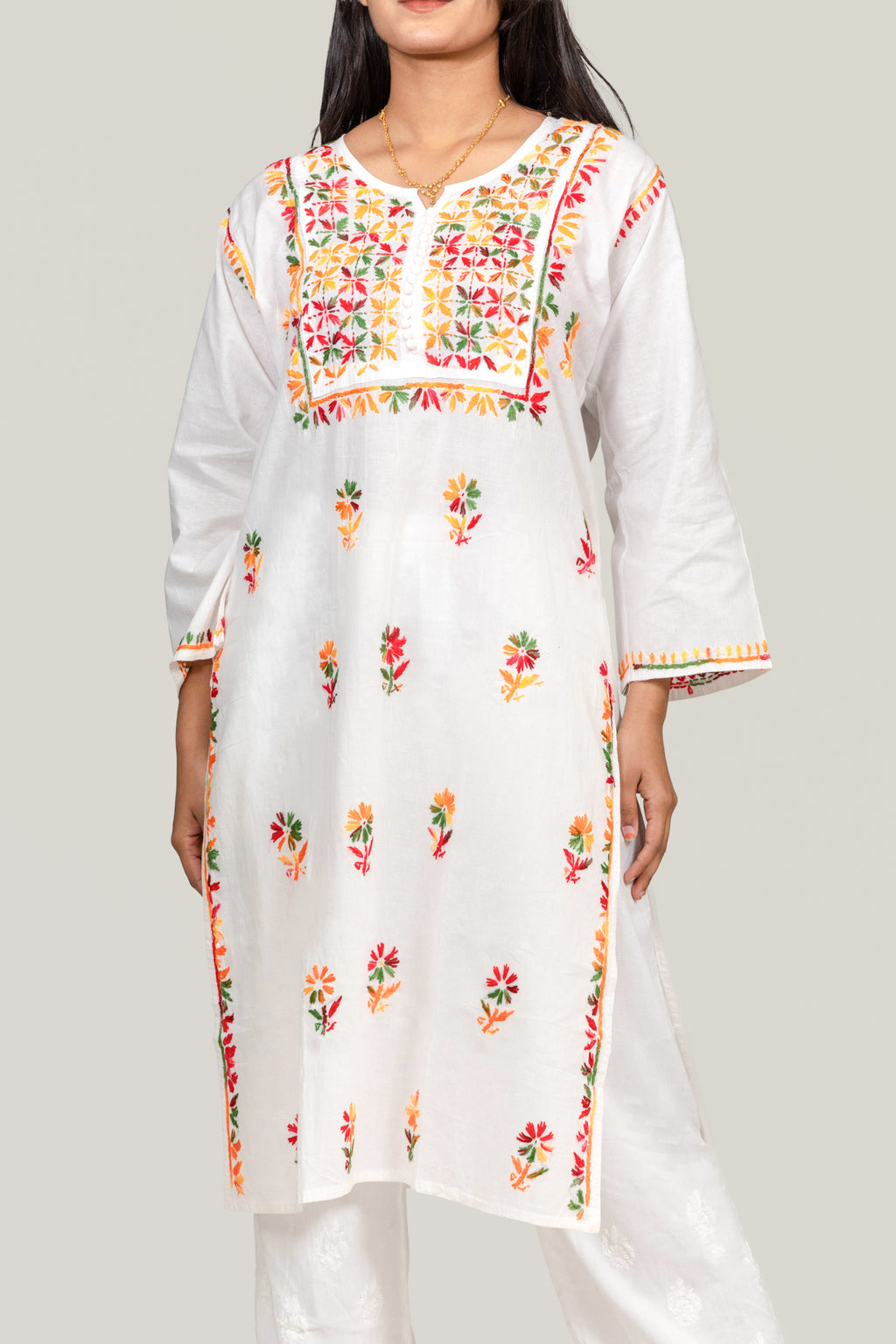 White Cotton Chikankari Kurta with Multicolour Thread Work