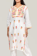 White Cotton Chikankari Kurta with Multicolour Thread Work
