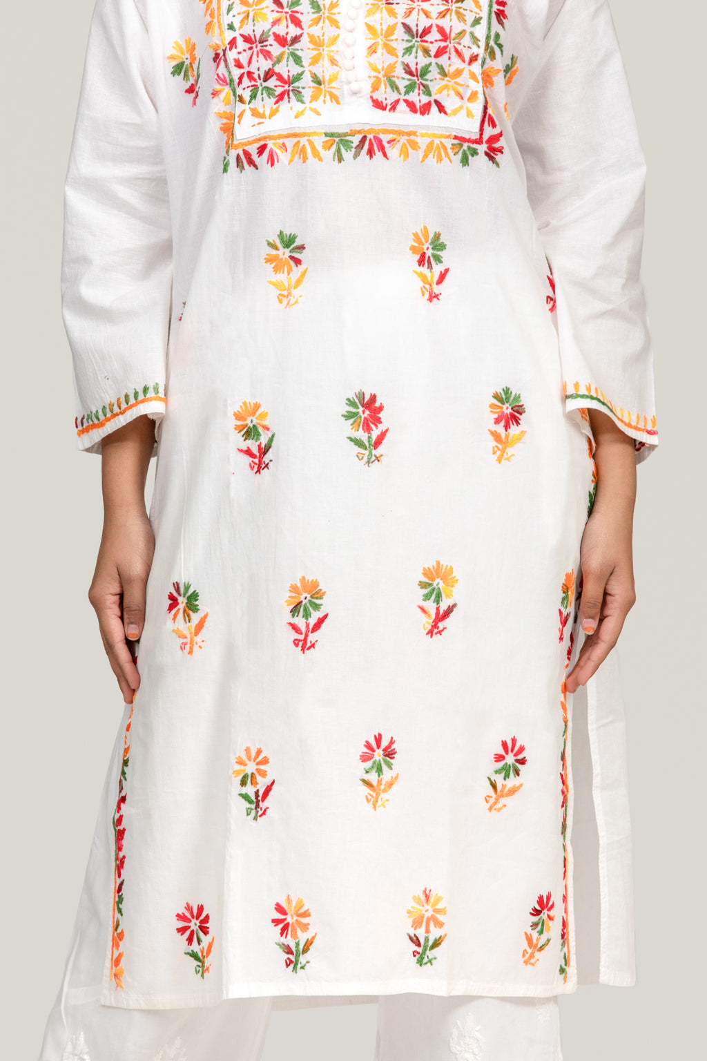 White Cotton Chikankari Kurta with Multicolour Thread Work