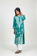 Rich Green Modal Chikankari Kurti with Floral Leaf Work