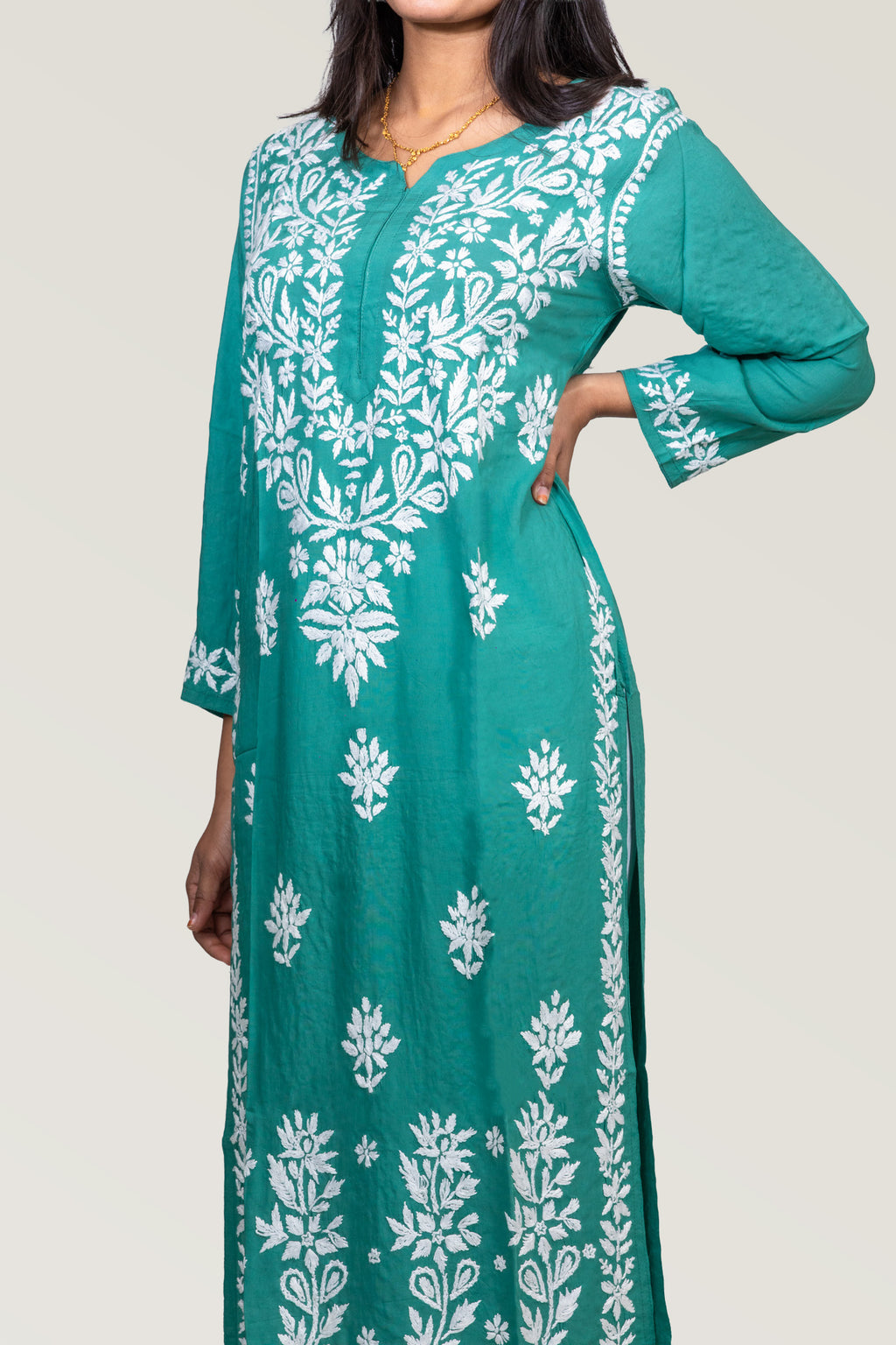 Rich Green Modal Chikankari Kurti with Floral Leaf Work