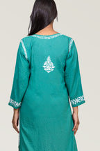 Rich Green Modal Chikankari Kurti with Floral Leaf Work