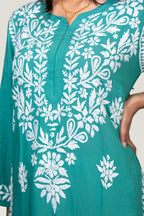 Rich Green Modal Chikankari Kurti with Floral Leaf Work