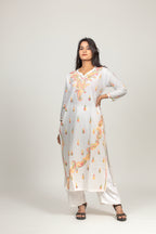 White Cotton Chikankari Kurta with Multicoloured Thread Work