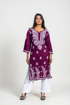 Wine Rayon Chikankari Kurti
