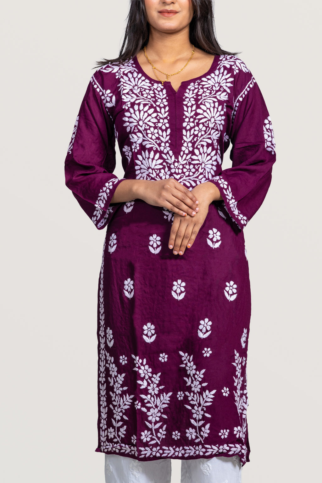 Wine Rayon Chikankari Kurti