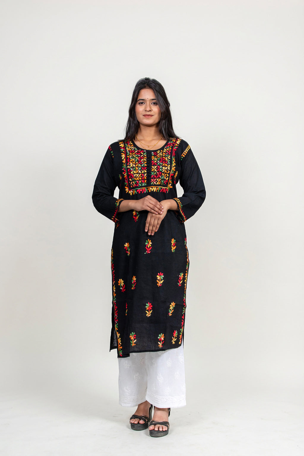 Midnight Bloom: Multi-Color Hand-Embroidered Cotton Kurti