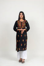 Midnight Bloom: Multi-Color Hand-Embroidered Cotton Kurti