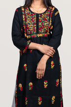 Midnight Bloom: Multi-Color Hand-Embroidered Cotton Kurti