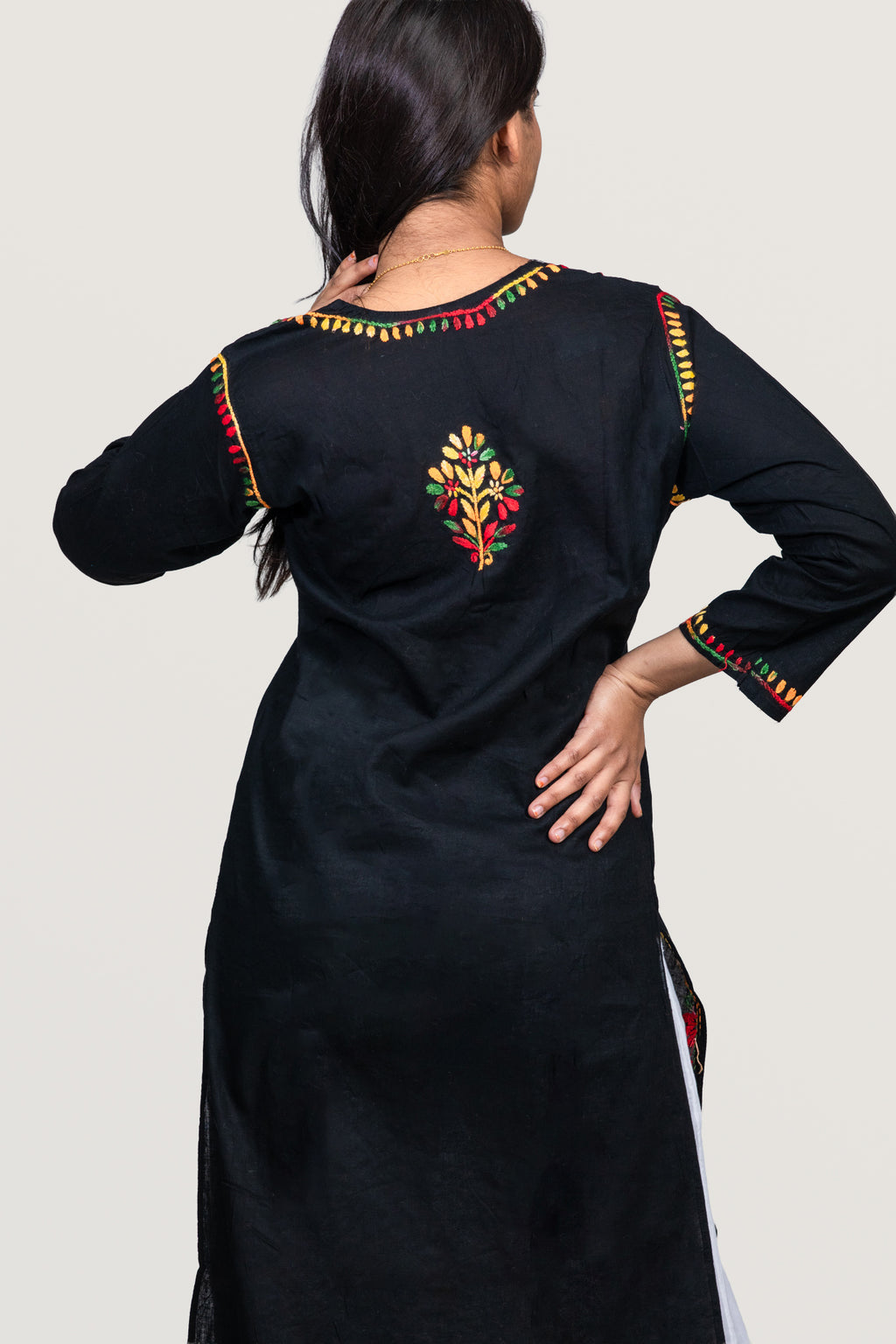Midnight Bloom: Multi-Color Hand-Embroidered Cotton Kurti