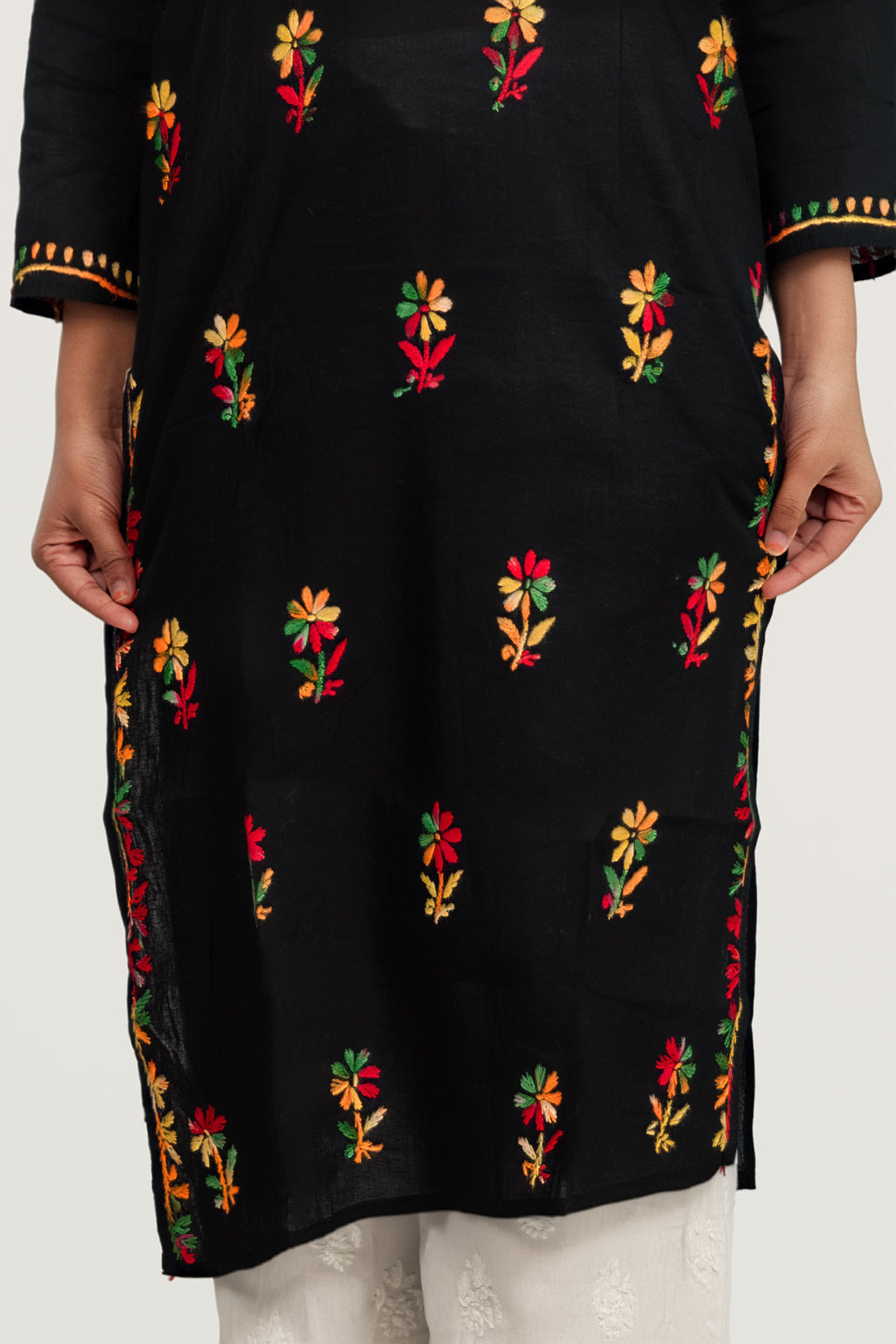Midnight Bloom: Multi-Color Hand-Embroidered Cotton Kurti
