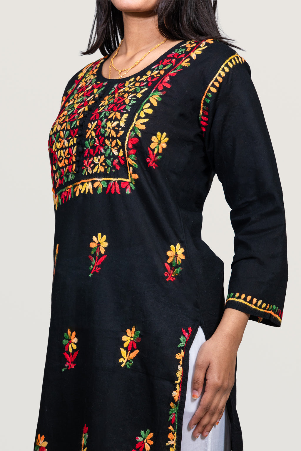 Midnight Bloom: Multi-Color Hand-Embroidered Cotton Kurti