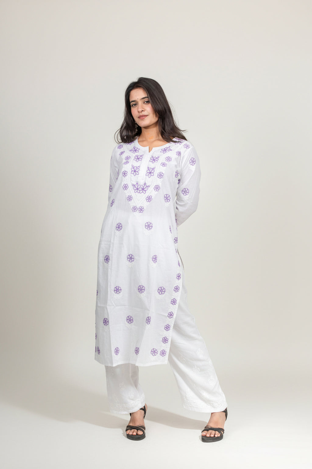 White Cotton Chikankari Kurti with Purple Thread Work