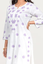 White Cotton Chikankari Kurti with Purple Thread Work