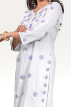 White Cotton Chikankari Kurti with Purple Thread Work
