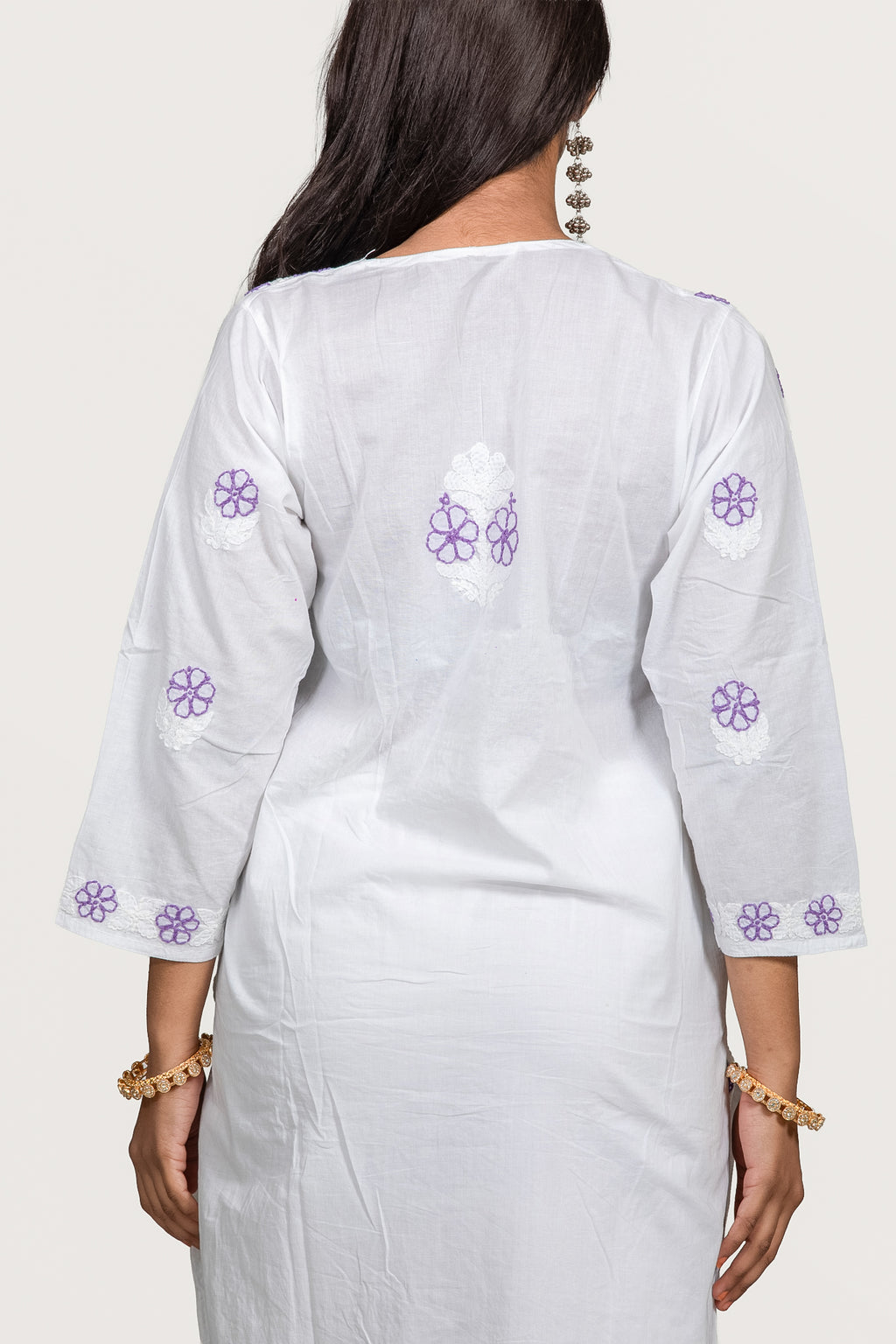 White Cotton Chikankari Kurti with Purple Thread Work
