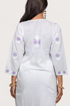 White Cotton Chikankari Kurti with Purple Thread Work