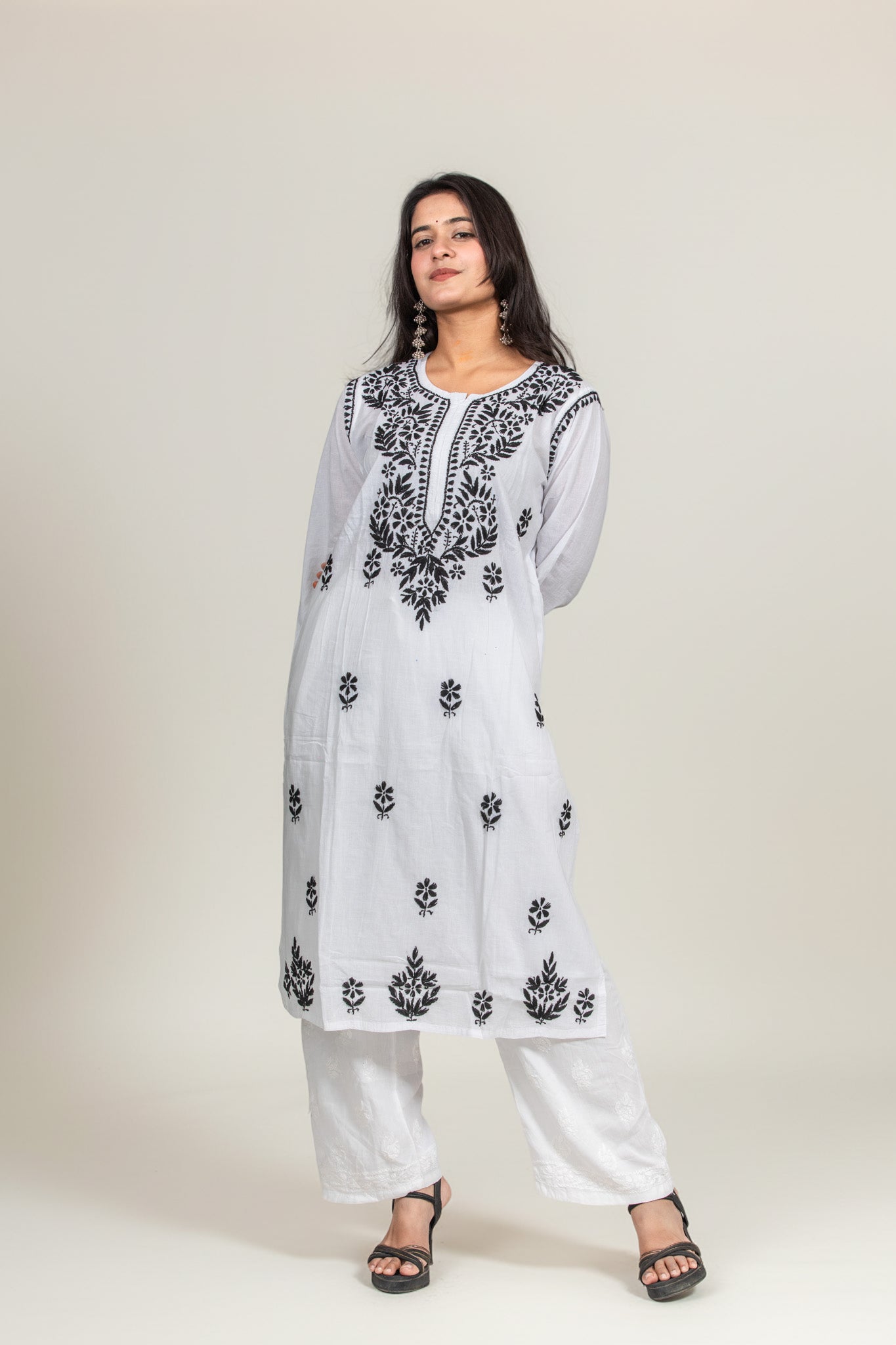 Monochrome Elegance: White Cotton Chikankari Kurti with Black Thread Work