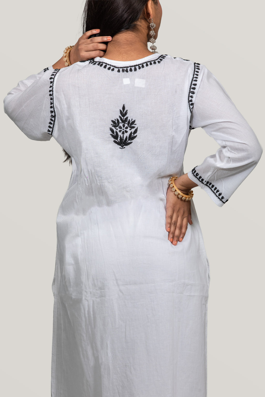 Monochrome Elegance: White Cotton Chikankari Kurti with Black Thread Work
