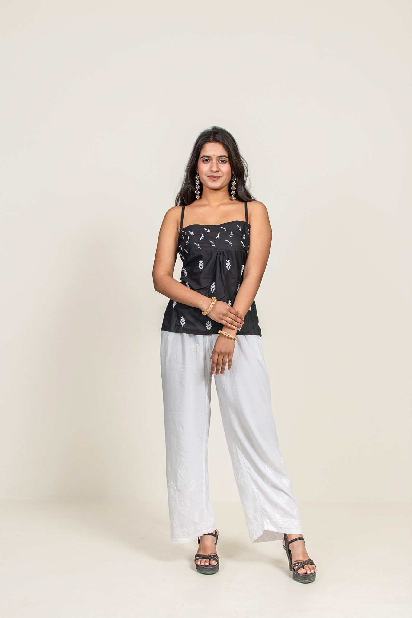 Midnight Chic: Black Cotton Strappy Chikankari Short Top