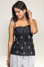 Midnight Chic: Black Cotton Strappy Chikankari Short Top