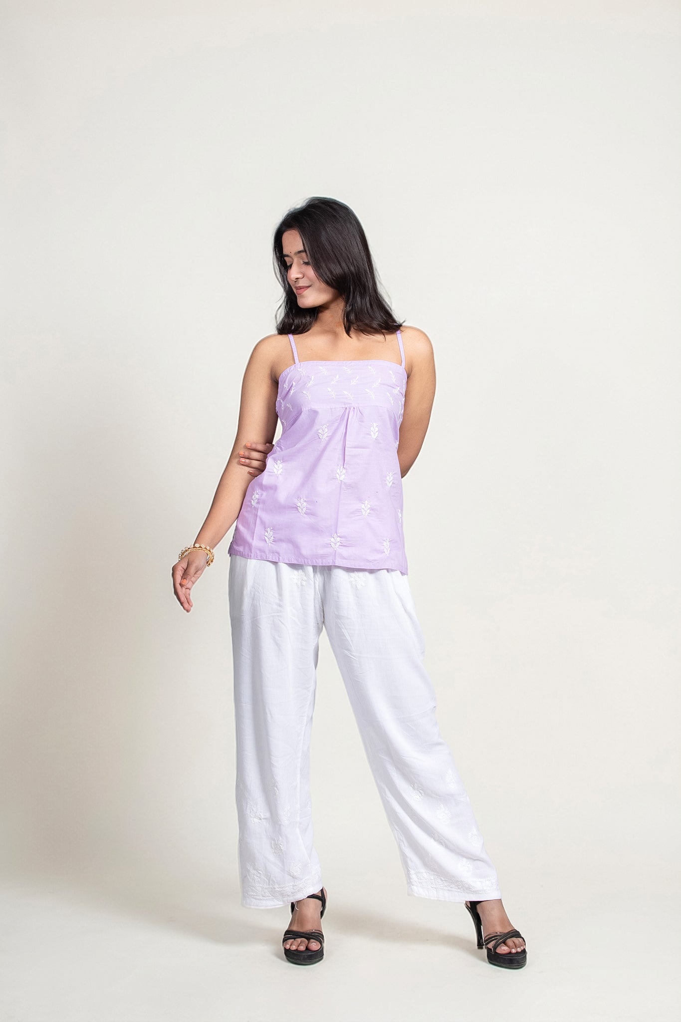 Lavender Cotton Strappy Short Chikankari Top