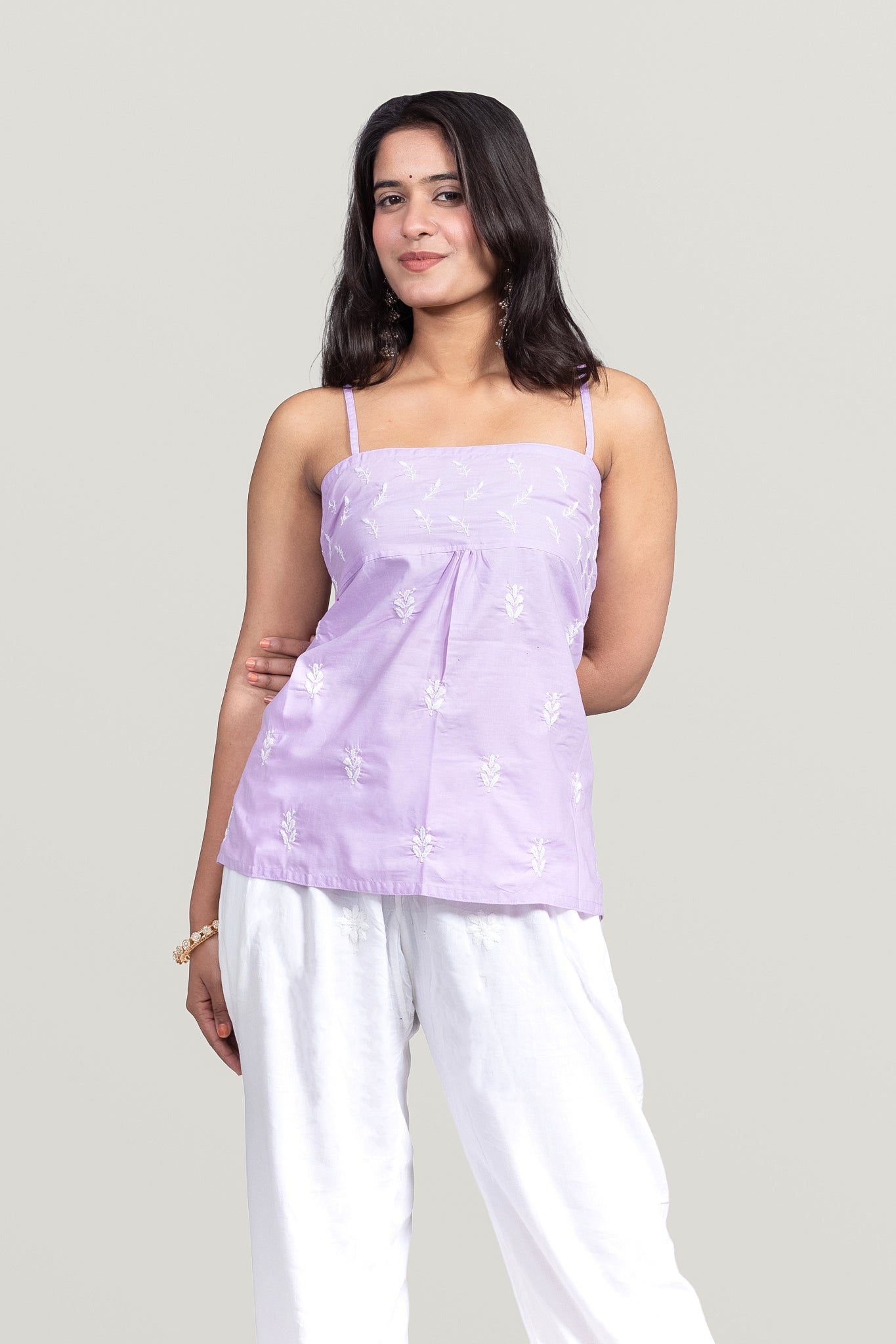 Lavender Cotton Strappy Short Chikankari Top