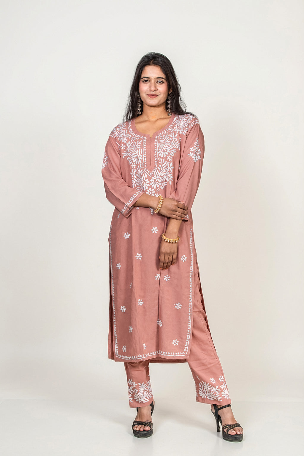 Peach Rayon Chikankari Kurti and Palazzo Set