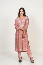 Peach Rayon Chikankari Kurti and Palazzo Set