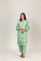Pista Green Rayon Chikankari Kurti & Palazzo Set