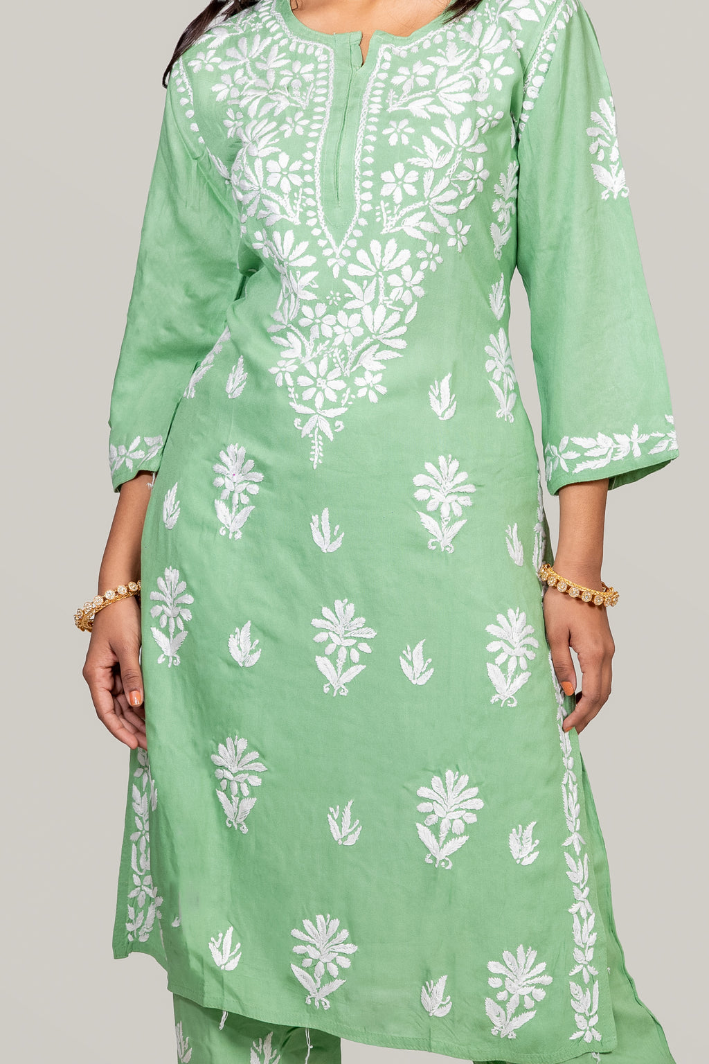 Pista Green Rayon Chikankari Kurti & Palazzo Set