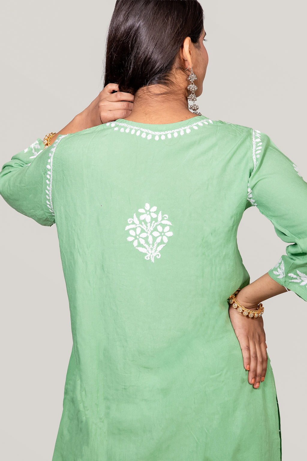 Pista Green Rayon Chikankari Kurti & Palazzo Set