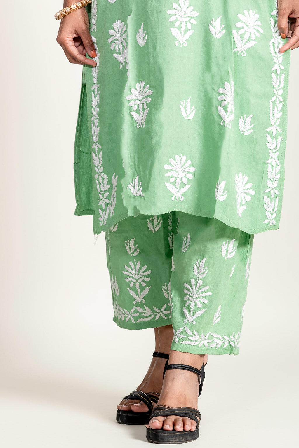 Pista Green Rayon Chikankari Kurti & Palazzo Set