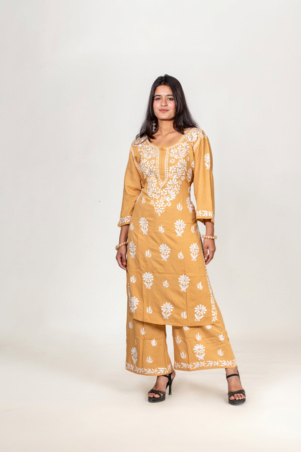 Mustard Rayon Chikankari Kurti & Palazzo Set