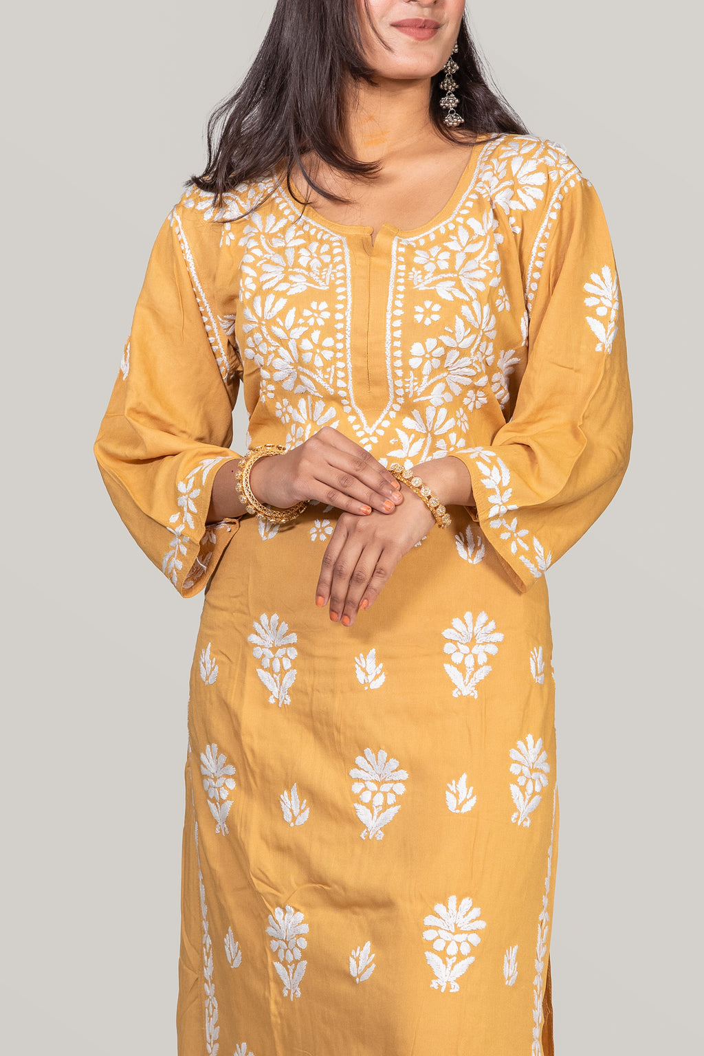 Mustard Rayon Chikankari Kurti & Palazzo Set