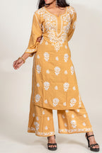 Mustard Rayon Chikankari Kurti & Palazzo Set