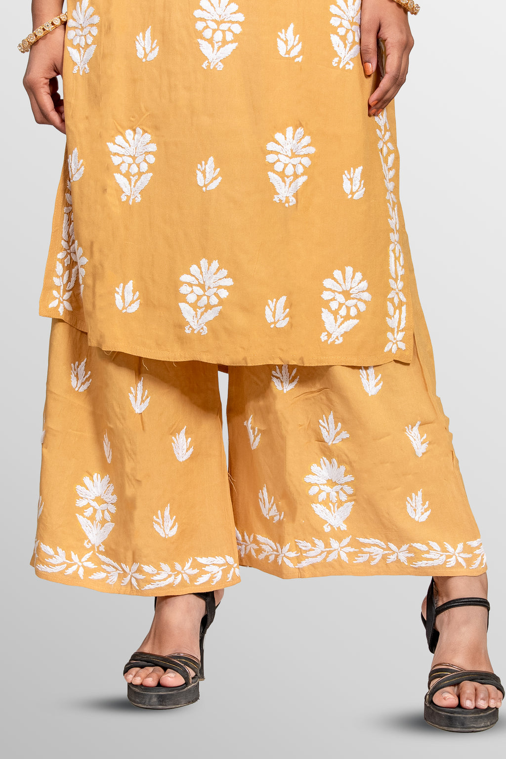 Mustard Rayon Chikankari Kurti & Palazzo Set