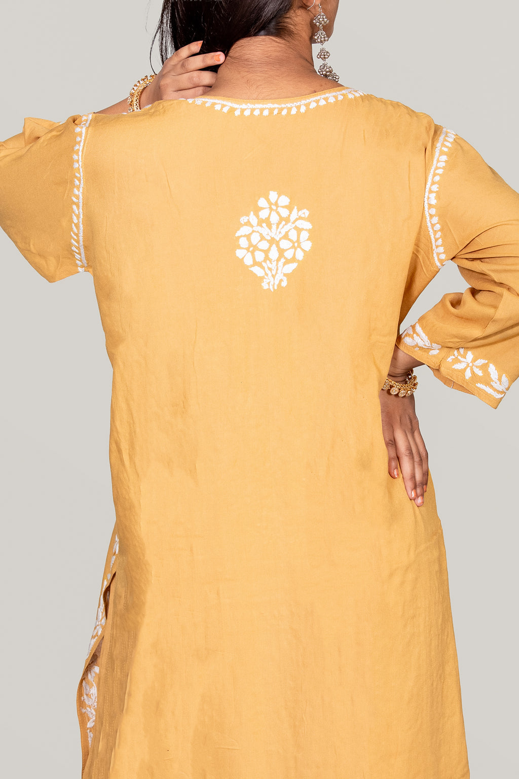 Mustard Rayon Chikankari Kurti & Palazzo Set