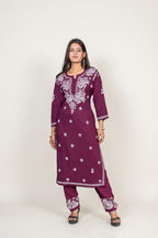 Elegant Wine Hand-Embroidered Chikankari Kurta & Plazzao Set