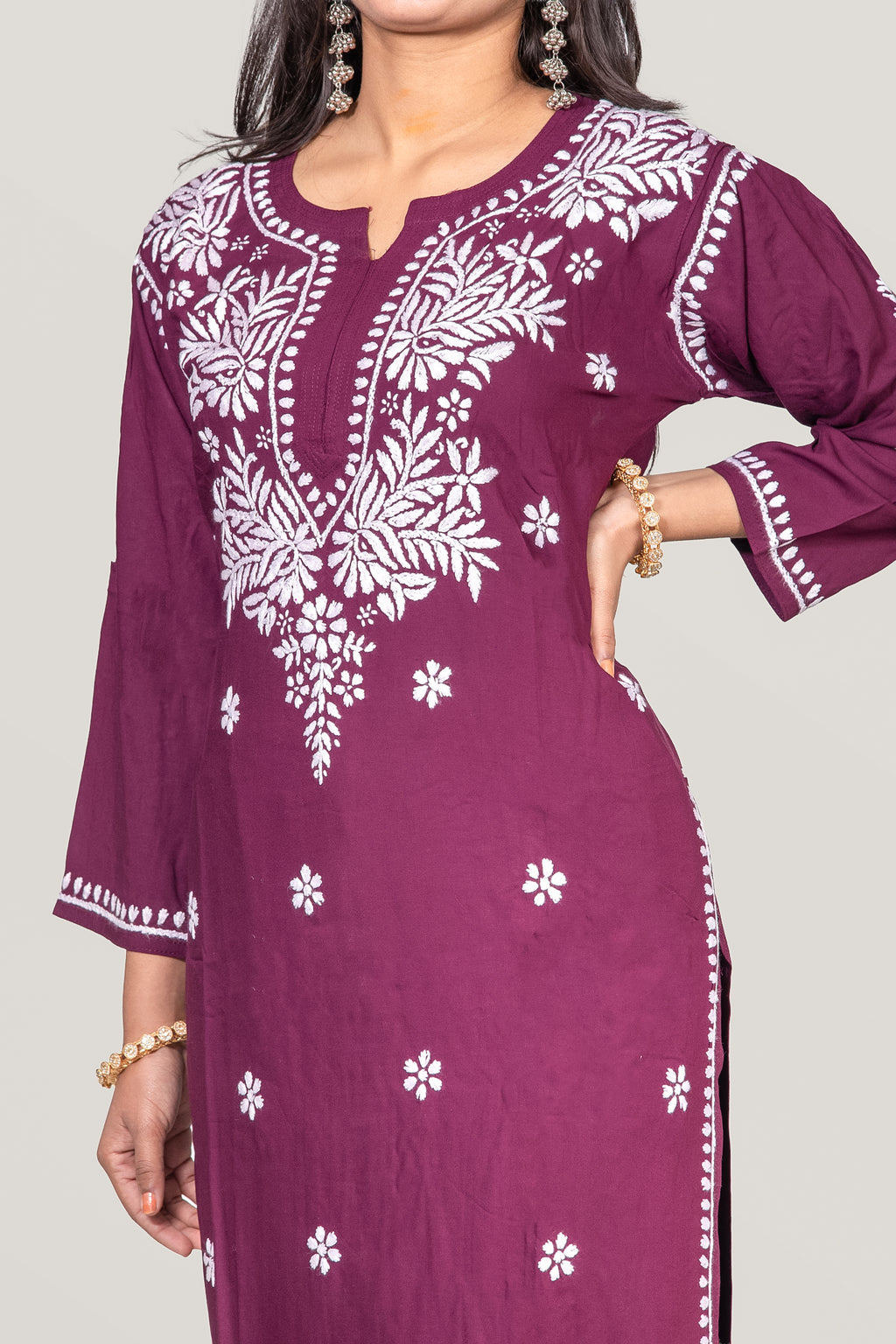 Elegant Wine Hand-Embroidered Chikankari Kurta & Plazzao Set