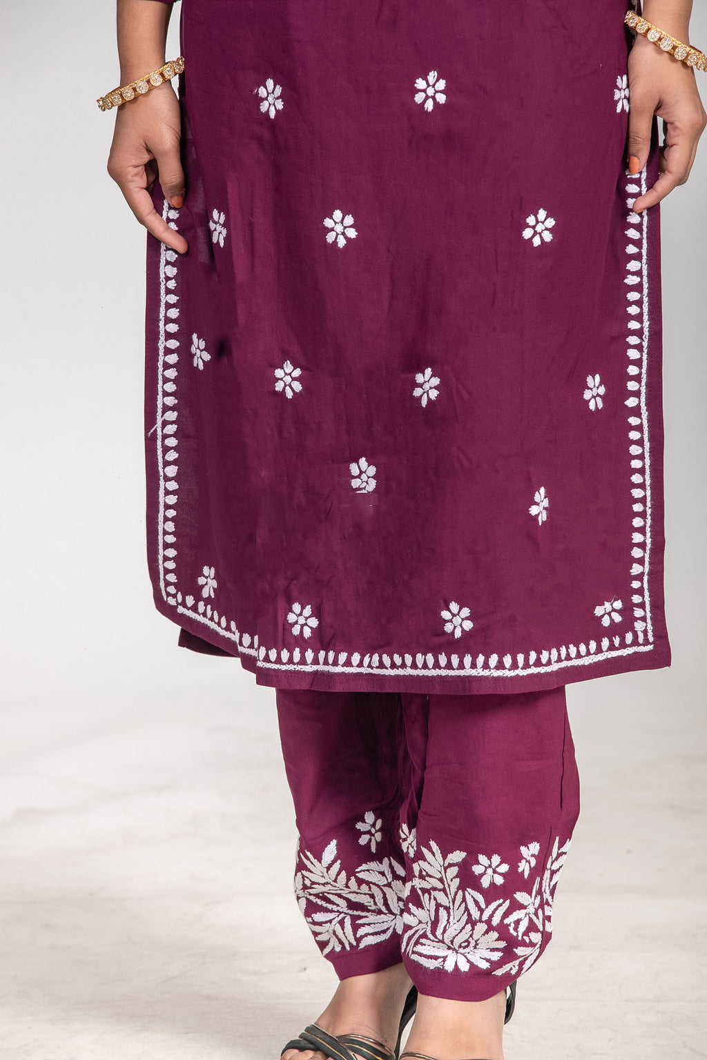 Elegant Wine Hand-Embroidered Chikankari Kurta & Plazzao Set