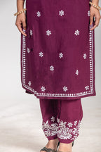 Elegant Wine Hand-Embroidered Chikankari Kurta & Plazzao Set