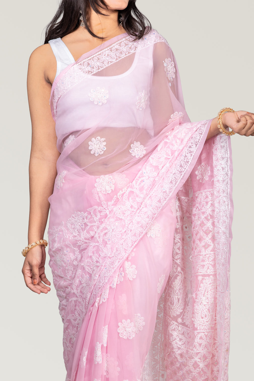 Ethereal Elegance: Baby Pink Chikankari Saree with Kardana & Shadow Work