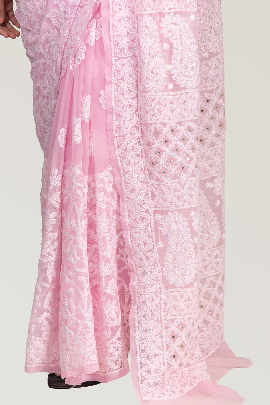 Ethereal Elegance: Baby Pink Chikankari Saree with Kardana & Shadow Work