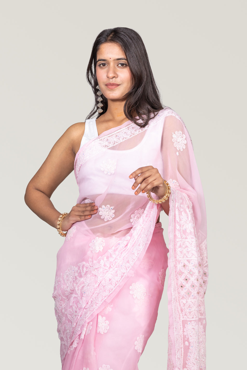 Ethereal Elegance: Baby Pink Chikankari Saree with Kardana & Shadow Work