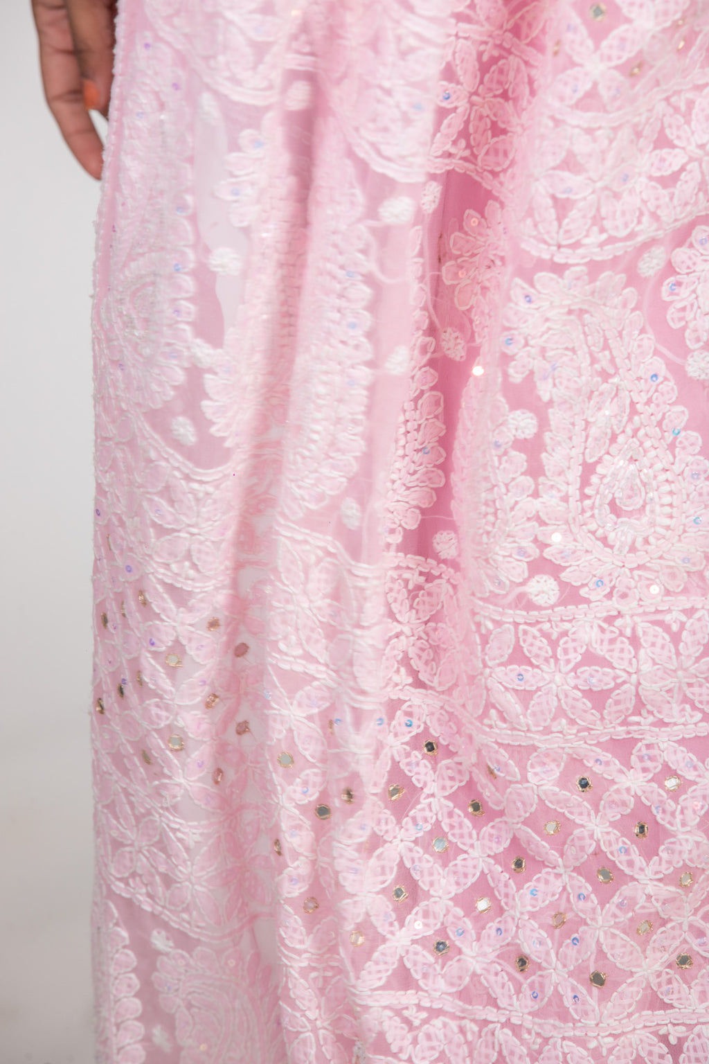 Ethereal Elegance: Baby Pink Chikankari Saree with Kardana & Shadow Work