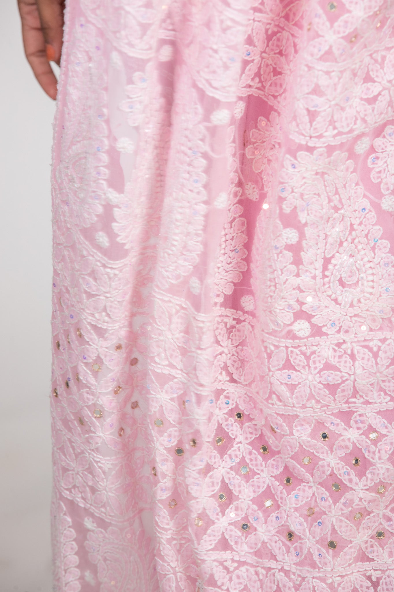 Ethereal Elegance: Baby Pink Chikankari Saree with Kardana & Shadow Work