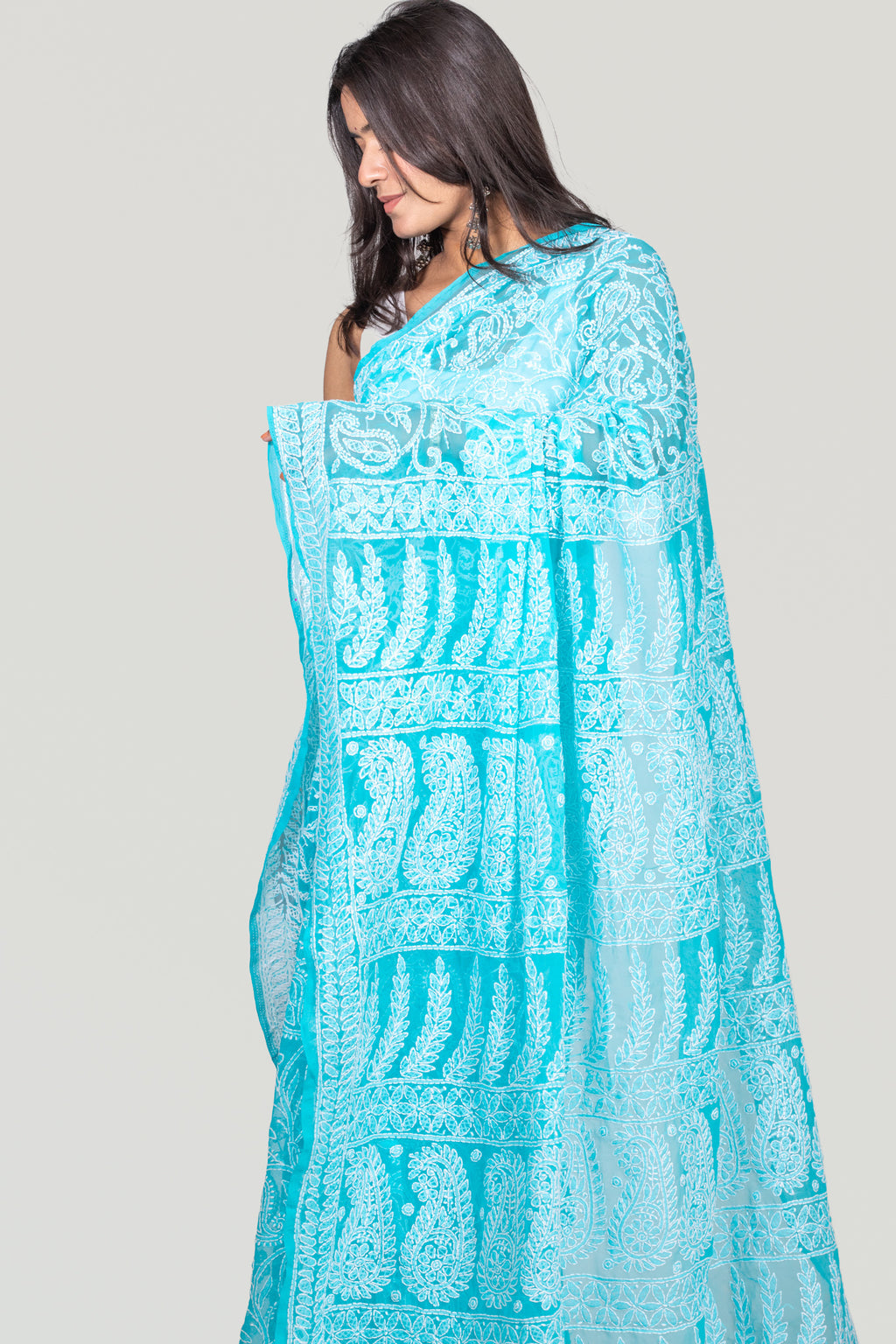 Azure Blue Georgette Chikankari Saree